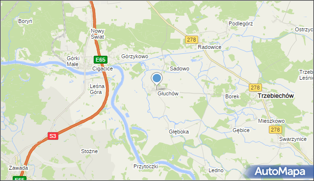 mapa Głuchów, Głuchów gmina Trzebiechów na mapie Targeo