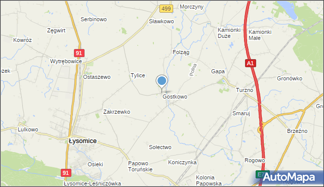 mapa Gostkowo, Gostkowo gmina Łysomice na mapie Targeo