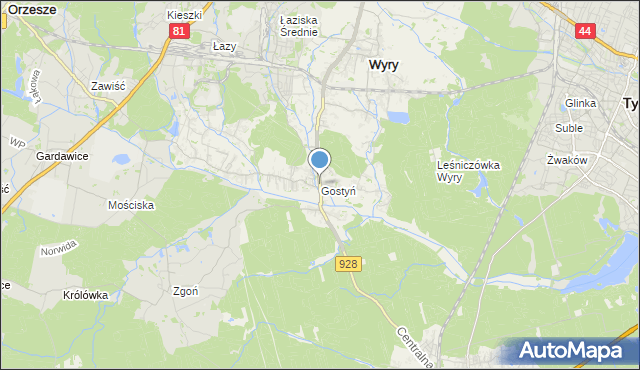 mapa Gostyń, Gostyń gmina Wyry na mapie Targeo
