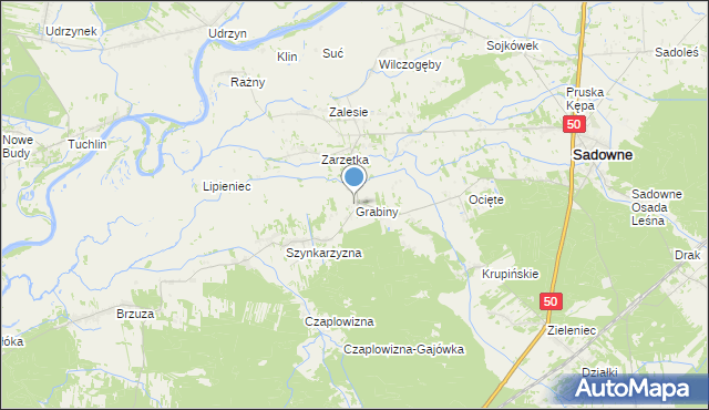 mapa Grabiny, Grabiny gmina Sadowne na mapie Targeo