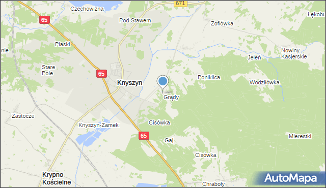 mapa Grądy, Grądy gmina Knyszyn na mapie Targeo