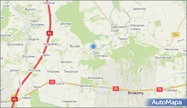 mapa Grzmiąca, Grzmiąca gmina Brzeziny na mapie Targeo