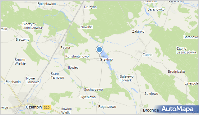 mapa Grzybno, Grzybno gmina Brodnica na mapie Targeo