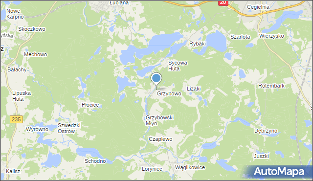 mapa Grzybowo, Grzybowo gmina Kościerzyna na mapie Targeo