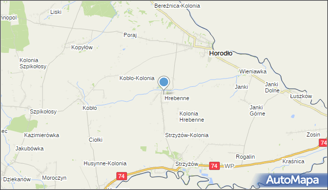 mapa Hrebenne, Hrebenne gmina Horodło na mapie Targeo