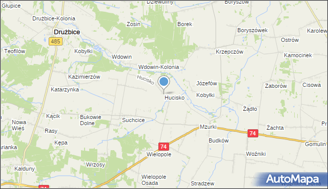 mapa Hucisko, Hucisko gmina Drużbice na mapie Targeo