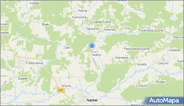 mapa Iwanki, Iwanki gmina Narew na mapie Targeo