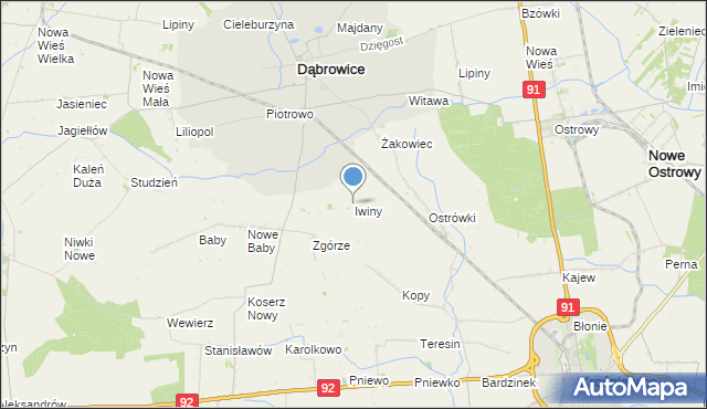 mapa Iwiny, Iwiny gmina Dąbrowice na mapie Targeo