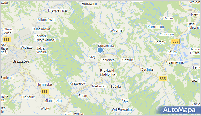 mapa Jabłonka, Jabłonka gmina Dydnia na mapie Targeo