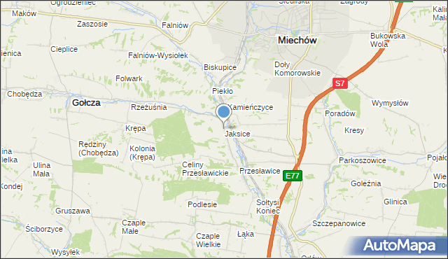 mapa Jaksice, Jaksice gmina Miechów na mapie Targeo