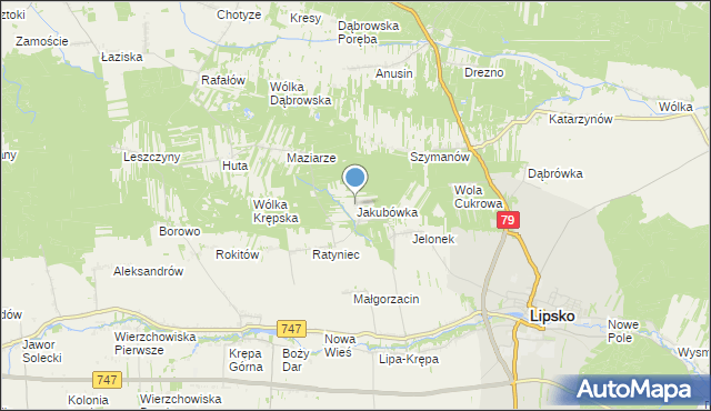 mapa Jakubówka, Jakubówka gmina Lipsko na mapie Targeo