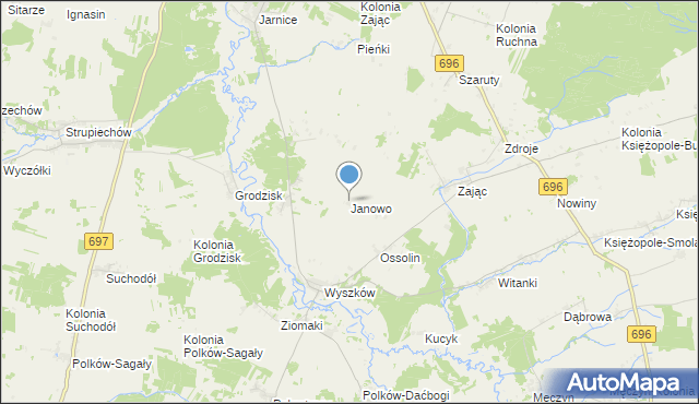 mapa Janowo, Janowo gmina Liw na mapie Targeo