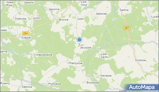 mapa Jaryszów, Jaryszów gmina Jasień na mapie Targeo