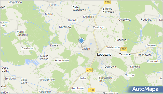 mapa Jasień, Jasień gmina Łopuszno na mapie Targeo