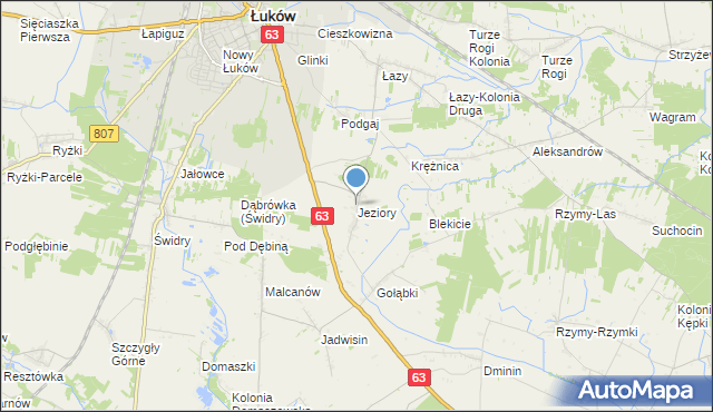 mapa Jeziory, Jeziory gmina Łuków na mapie Targeo