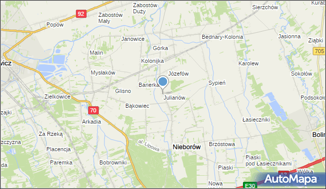 mapa Julianów, Julianów gmina Nieborów na mapie Targeo