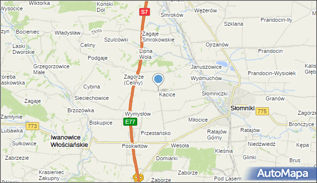 mapa Kacice, Kacice gmina Słomniki na mapie Targeo