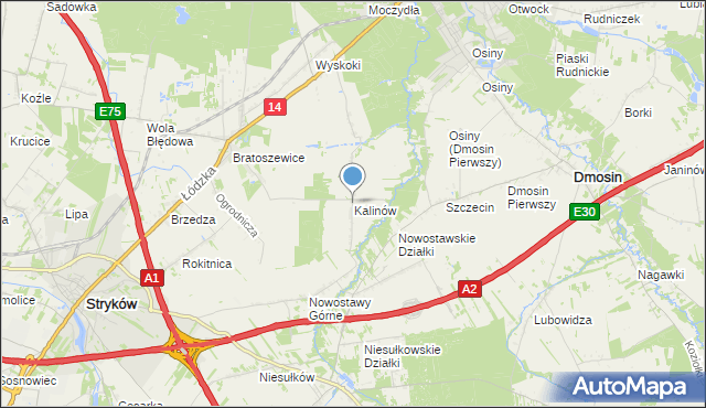 mapa Kalinów, Kalinów gmina Stryków na mapie Targeo