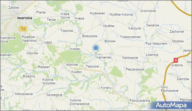 mapa Kamieniec, Kamieniec gmina Iwaniska na mapie Targeo