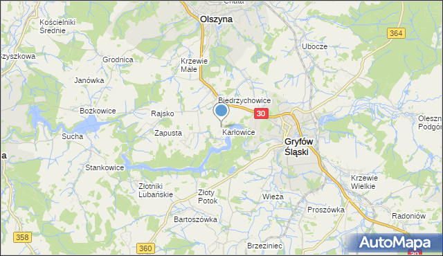 mapa Karłowice, Karłowice gmina Olszyna na mapie Targeo