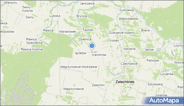 mapa Karolinów, Karolinów gmina Żelechlinek na mapie Targeo