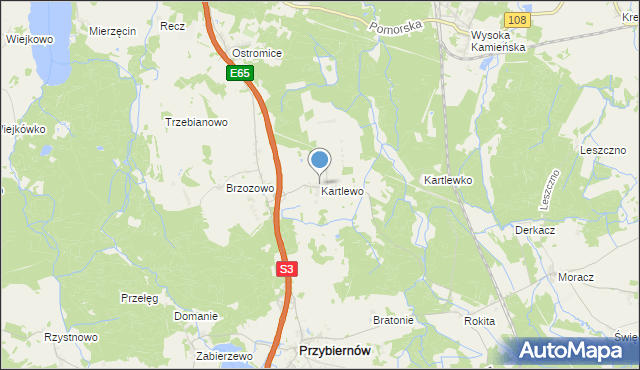 mapa Kartlewo, Kartlewo gmina Przybiernów na mapie Targeo