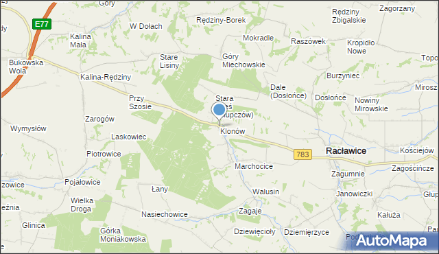 mapa Klonów, Klonów gmina Racławice na mapie Targeo