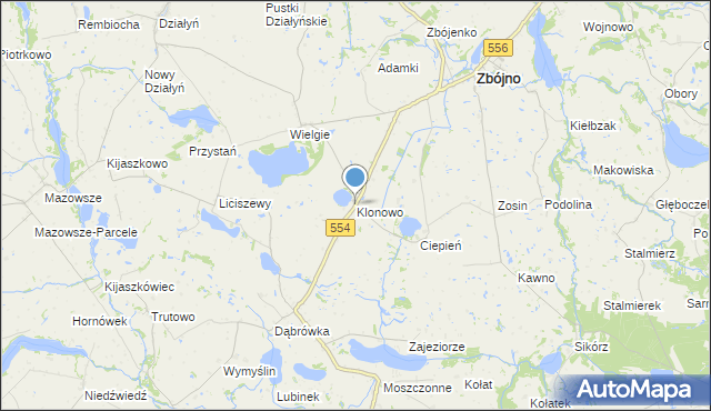 mapa Klonowo, Klonowo gmina Zbójno na mapie Targeo
