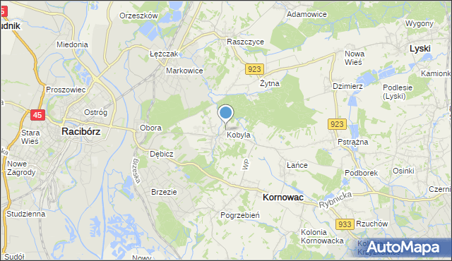 mapa Kobyla, Kobyla gmina Kornowac na mapie Targeo