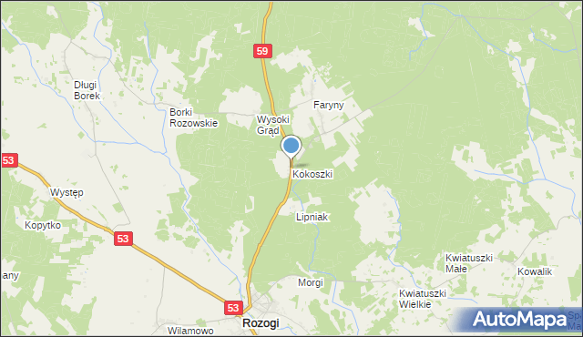 mapa Kokoszki, Kokoszki gmina Rozogi na mapie Targeo