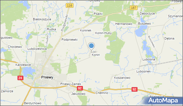 mapa Konina, Konin gmina Pniewy na mapie Targeo