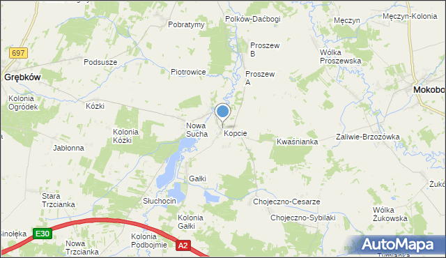 mapa Kopcie, Kopcie gmina Grębków na mapie Targeo