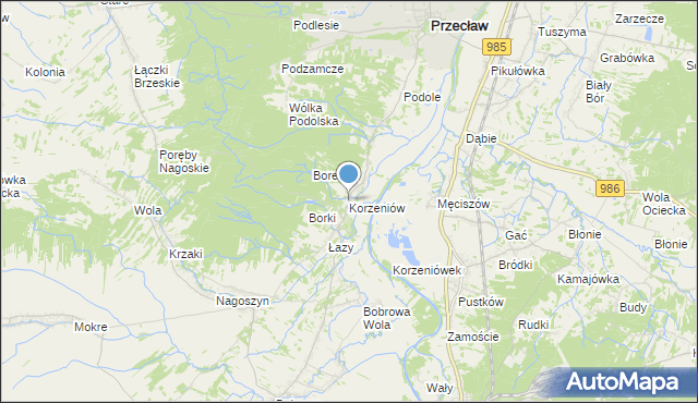 mapa Korzeniów, Korzeniów gmina Żyraków na mapie Targeo