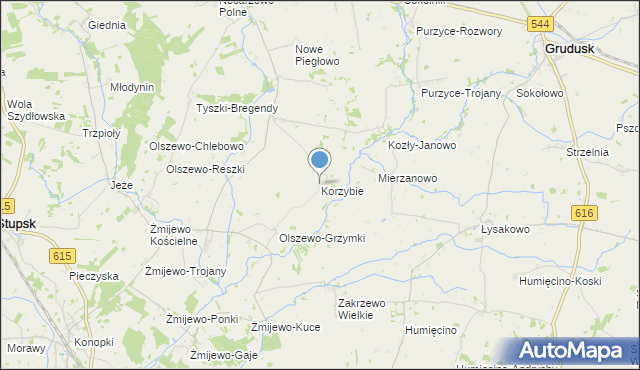 mapa Korzybie, Korzybie gmina Szydłowo na mapie Targeo