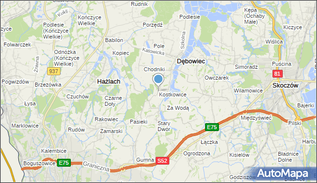 mapa Kostkowice, Kostkowice gmina Dębowiec na mapie Targeo