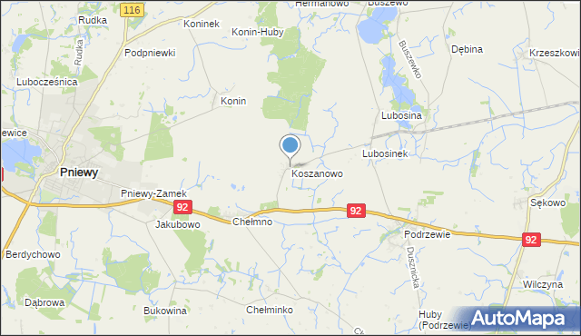 mapa Koszanowo, Koszanowo gmina Pniewy na mapie Targeo