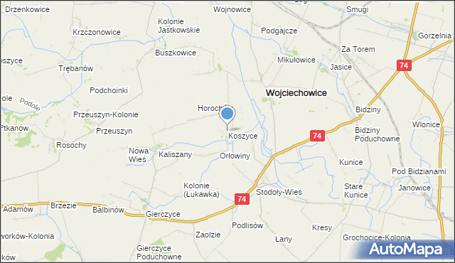 mapa Koszyce, Koszyce gmina Wojciechowice na mapie Targeo