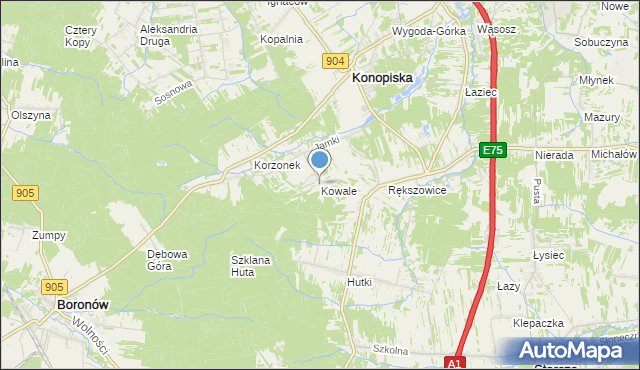 mapa Kowale, Kowale gmina Konopiska na mapie Targeo