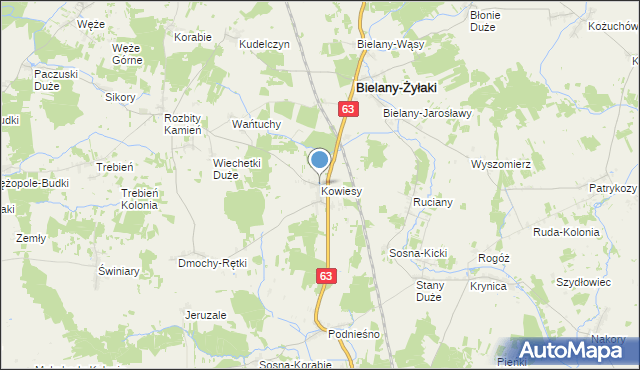 mapa Kowiesy, Kowiesy gmina Bielany na mapie Targeo