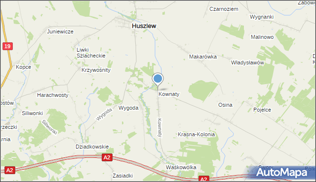 mapa Kownaty, Kownaty gmina Huszlew na mapie Targeo