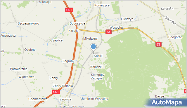 mapa Koziki, Koziki gmina Śniadowo na mapie Targeo