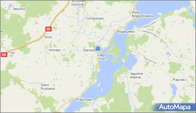 mapa Kozin, Kozin gmina Giżycko na mapie Targeo