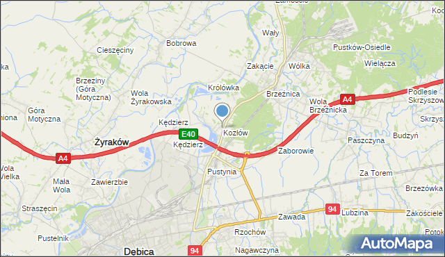 mapa Kozłów, Kozłów gmina Dębica na mapie Targeo