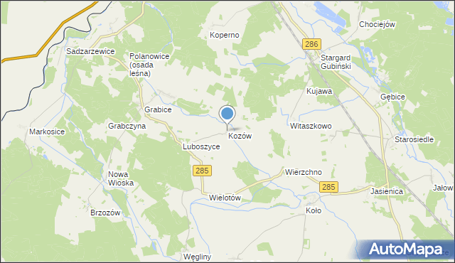 mapa Kozów, Kozów gmina Gubin na mapie Targeo