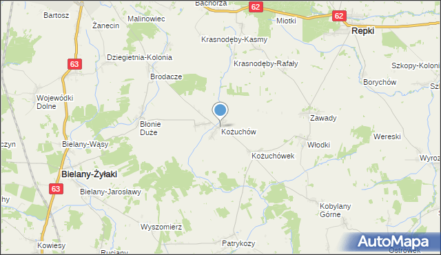 mapa Kożuchów, Kożuchów gmina Bielany na mapie Targeo