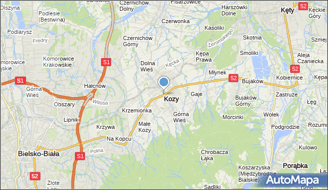 mapa Kozy, Kozy powiat bielski na mapie Targeo