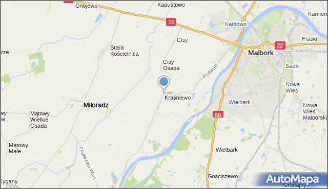 mapa Kraśniewo, Kraśniewo gmina Malbork na mapie Targeo