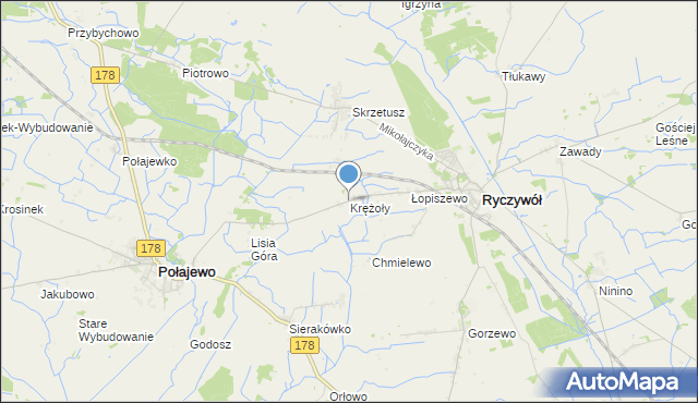 mapa Krężoły, Krężoły gmina Ryczywół na mapie Targeo