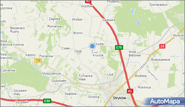 mapa Krucice, Krucice gmina Stryków na mapie Targeo