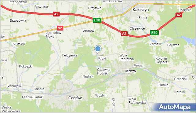 mapa Kruki, Kruki gmina Mrozy na mapie Targeo